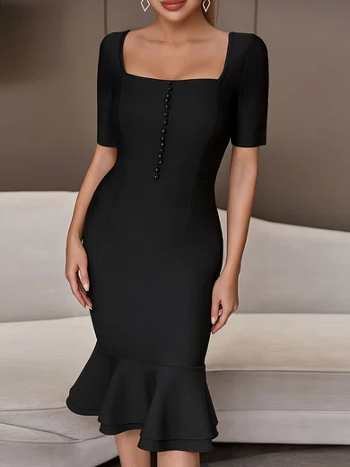 Modest Black Stretch Crepe Trumpet/Mermaid Ruffle Midi Dress PT02025069