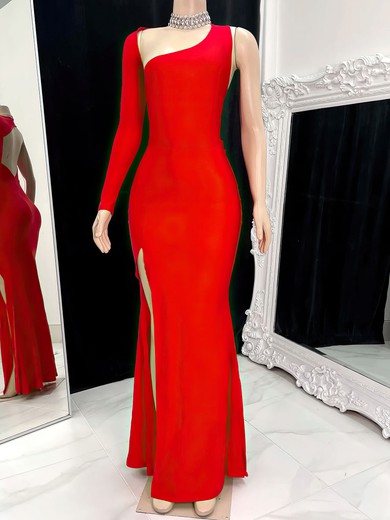 Red One Shoulder Cut Out Long Sleeve Split Dress PT020117152