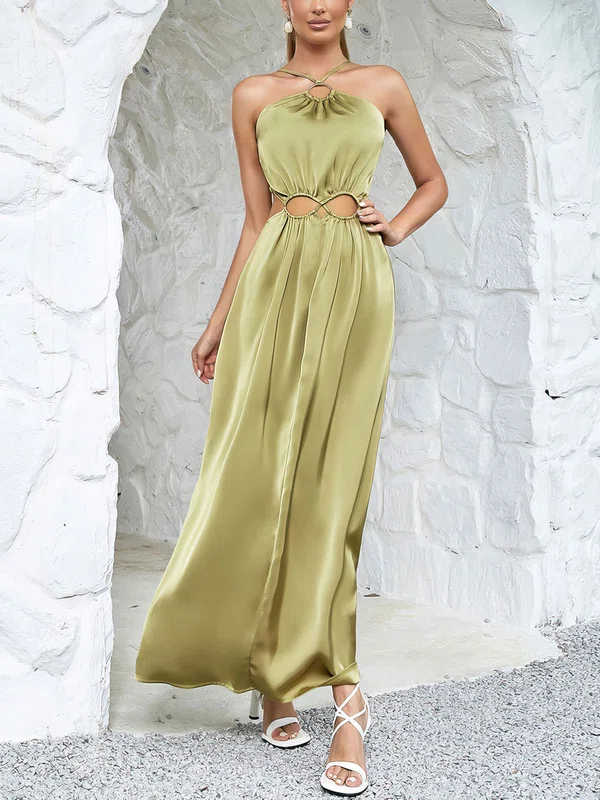 Green Halter Cut Out Satin Maxi Dress PT02025093