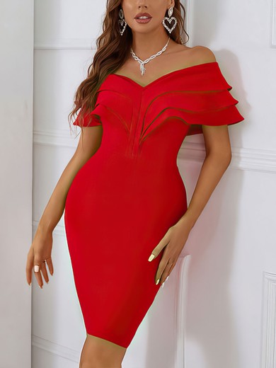 Red Off Shoulder Ruffle Trim Bodycon Midi Dress PT02025326