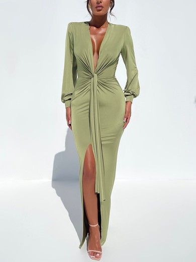 Green Long Sleeve Deep V Neck Ruched Maxi Dress PT02025595