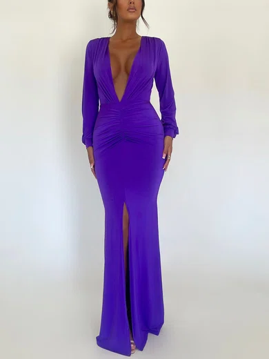 Long Sleeve Deep V Neck Ruched Maxi Dress PT02025597
