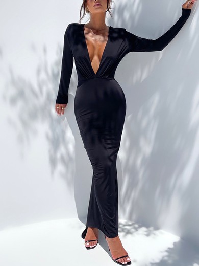 Black Long Sleeve Deep V Neck Ruched Maxi Dress PT02025602
