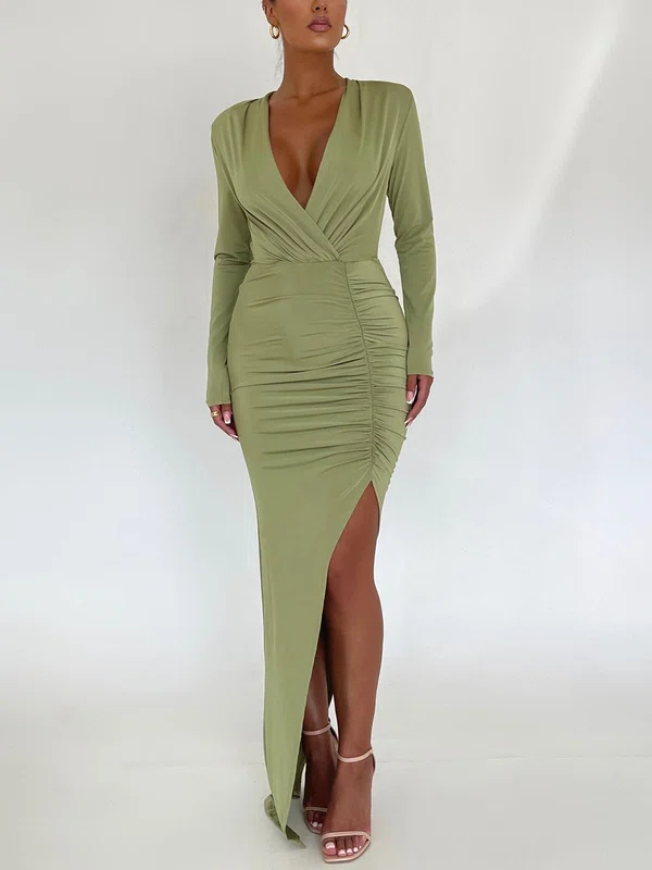 Green Long Sleeve Deep V Neck Ruched Maxi Dress PT02025605