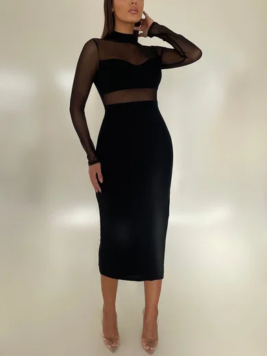 Black Long Sleeve High Neck Midi Dress GD02025686
