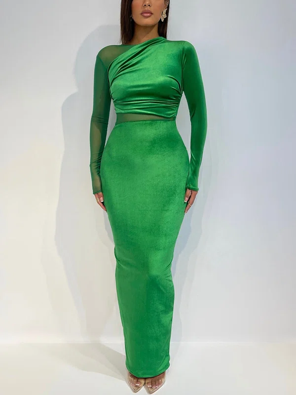 Green Velvet Long Sleeve High Neck Ruched Maxi Dress PT02025701