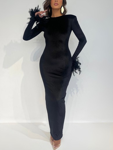 Black Velvet Long Sleeve Fuzzy Trim Maxi Dress PT02025708
