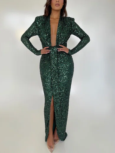 Dark Green Sequin Long Sleeve Ruched Split Long Dress PT02025712