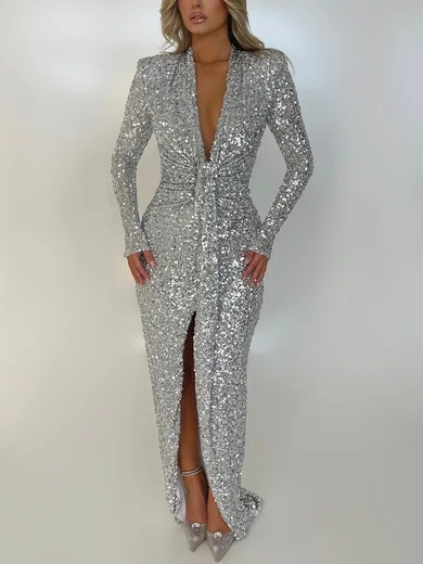 Sequin Long Sleeve Ruched Split Long Dress PT02025714