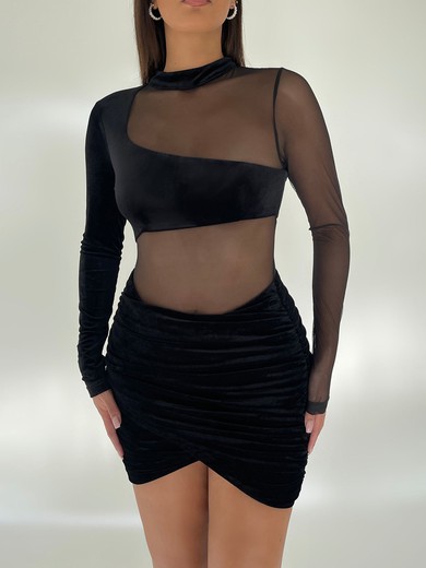 Black Velvet Long Sleeve High Neck Ruched Mini Dress PT02025716