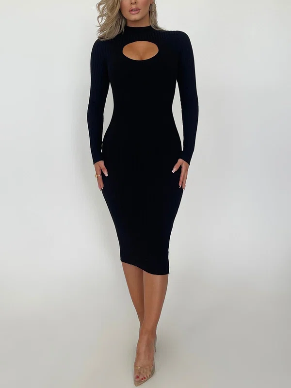 Black Long Sleeve High Neck Midi Dress PT02025726