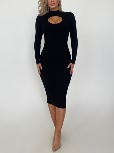 Black Long Sleeve High Neck Midi Dress PT02025726