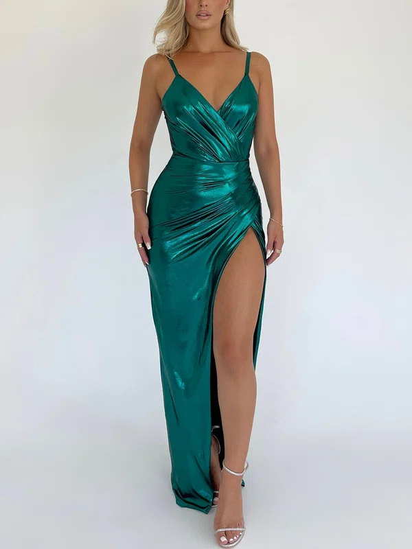Green Deep V Neck Ruched Metallic Split Maxi Dress PT02025762