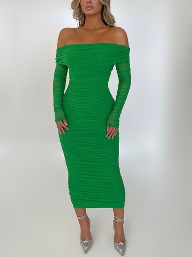 Green Ruched Mesh Split Back Long Sleeve Maxi Dress PT02025795