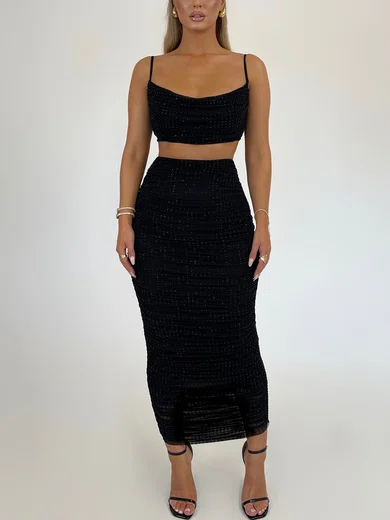 Black Ruched Draped Collar Diamante Maxi Dress GD02025807