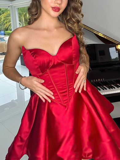 Red Strapless Satin Mini Dress #UKM020117412