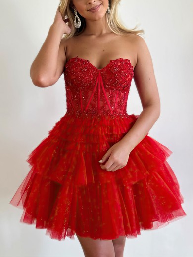 Red Appliques Tiered Mini Dress #UKM020117413