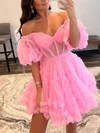 Pink Off Shoulder Puff Sleeve Tulle Mini Dress #UKM020117427
