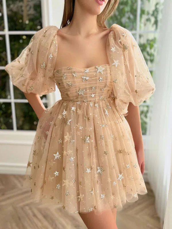 Glitter Star Print Puff Sleeve Mini Dress #UKM020117512