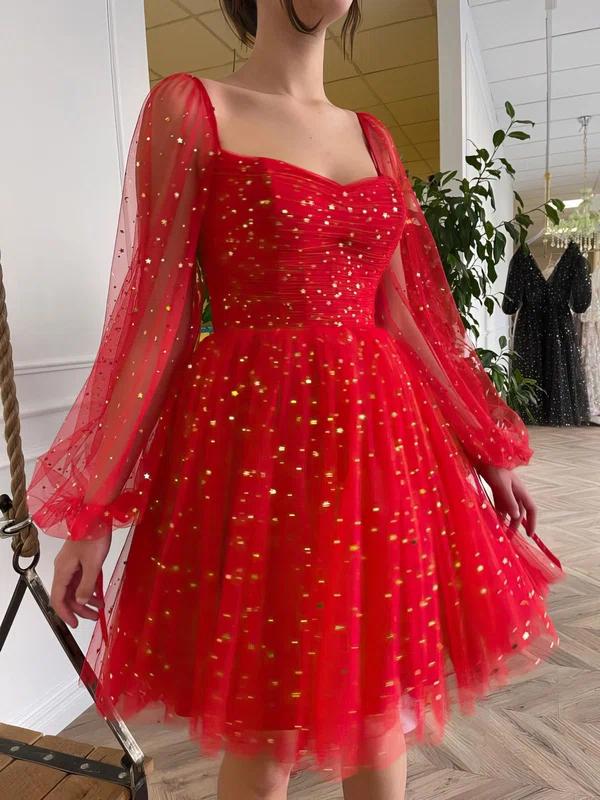 Red Puff Sleeve Glitter Tulle Midi Dress #UKM020117515