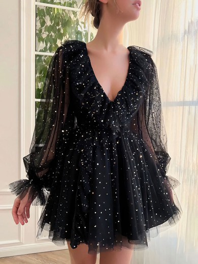 Black Long Sleeve Glitter Mini Dress #UKM020117555