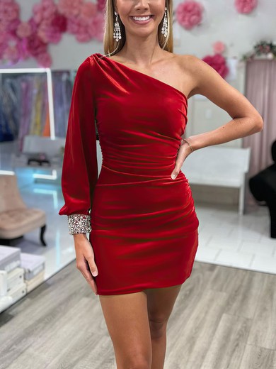 Red One Shoulder Long Sleeve Velvet Bodycon Mini Dress #UKM020117569