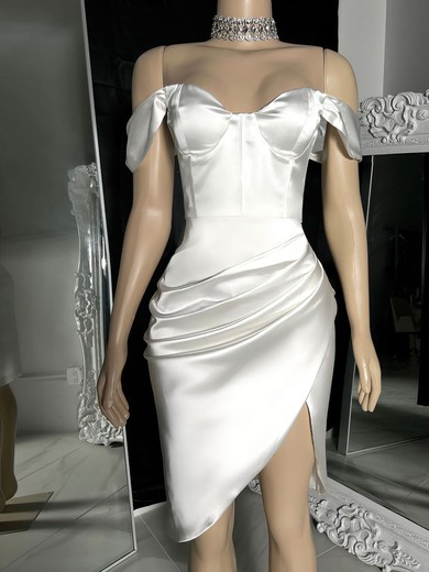 White Off Shoulder Satin Bodycon Mini Dress #UKM020117580
