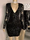 Black Long Sleeve Sequin Bodycon Mini Dress #UKM020117584