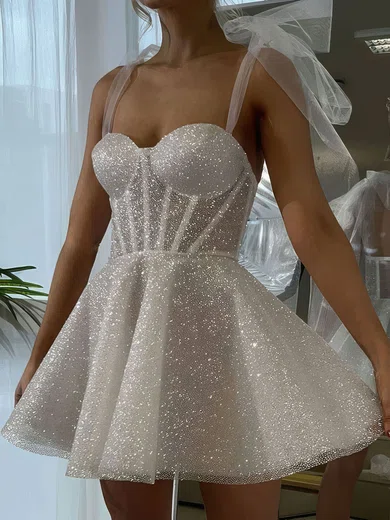 Glitter Ivory A-line Sweetheart Bow Mini Dress PT020117586