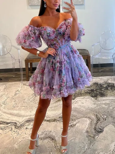 Floral Print Off Shoulder Puff Sleeve Mini Dress MillyBridal