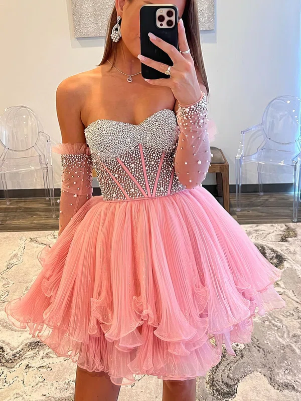 Pink Sparkle Long Sleeve Chiffon Mini Dress #UKM020117684