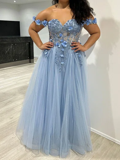 Ball Gown Off-the-shoulder Tulle 3D Floral Prom Dresses With Appliques #UKM020117839