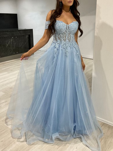 Ball Gown/Princess Off-the-shoulder Tulle Glitter Floor-length Prom Dresses With Appliques Lace #UKM020117852