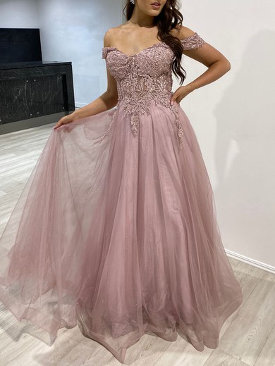 Ball Gown/Princess Off-the-shoulder Tulle Glitter Floor-length Prom Dresses With Appliques Lace #UKM020117853
