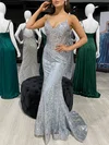 Trumpet/Mermaid V-neck Tulle Sweep Train Prom Dresses With Sequins #UKM020117806