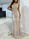 Trumpet/Mermaid V-neck Tulle Sweep Train Prom Dresses With Sequins #UKM020117810