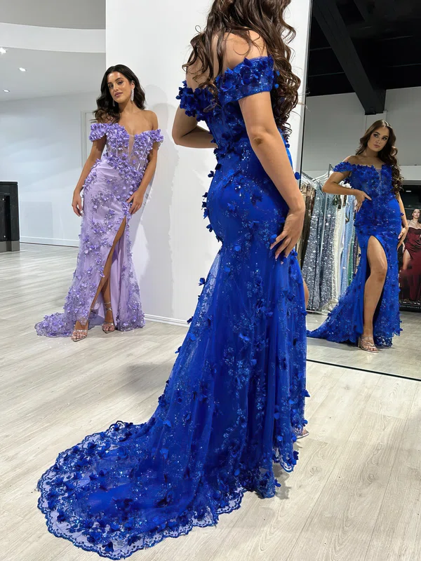 Trumpet/Mermaid Off-the-shoulder Lace Tulle Sweep Train Prom Dresses With Flower(s) #UKM020117812