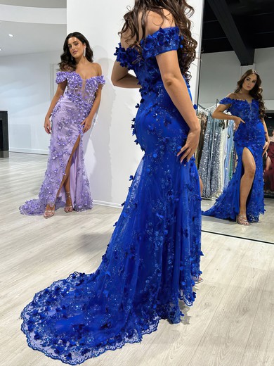 Mermaid Off-the-shoulder Lace Tulle 3D Floral Prom Dresses #UKM020117812