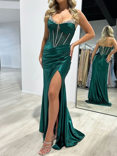 Mermaid Strapless Satin Corset Prom Dresses With Ruched #UKM020117814