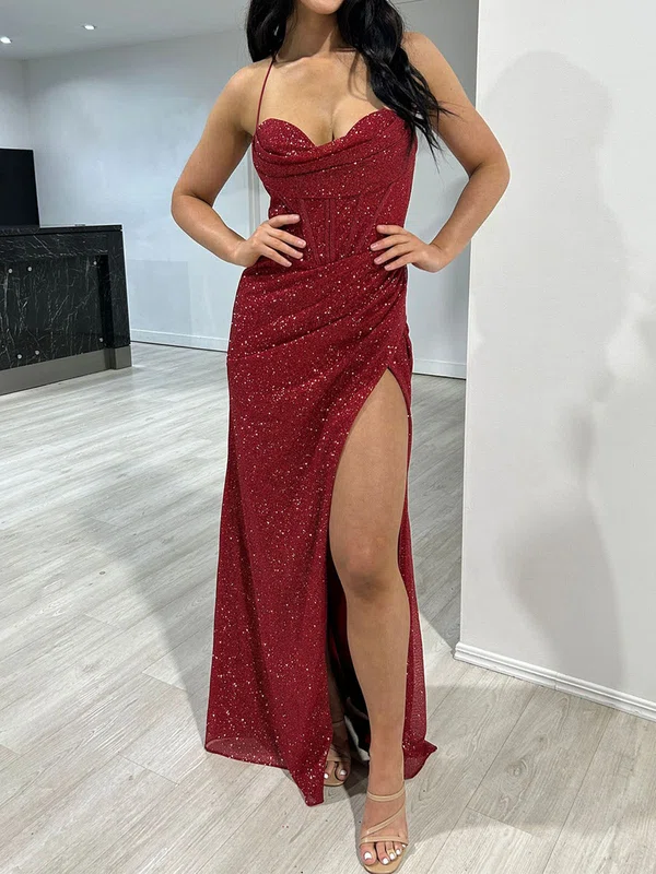 Sheath/Column Cowl Neck Floor-length Glitter Prom Dresses With Ruched #UKM020117824