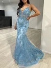 Mermaid V-neck Sparkly Sequin Prom Dresses With Appliques #UKM020117831