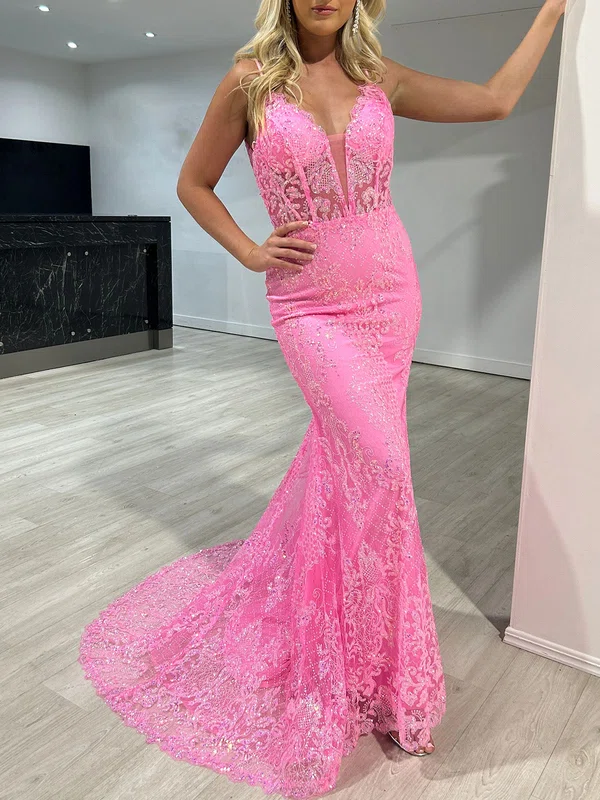 Trumpet/Mermaid V-neck Glitter Sweep Train Prom Dresses With Beading #UKM020117832