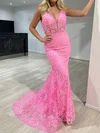 Mermaid V-neck Sparkly Sequin Prom Dresses With Appliques #UKM020117832