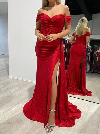 Mermaid Off-the-shoulder Glitter Prom Dresses With Ruched #UKM020117833
