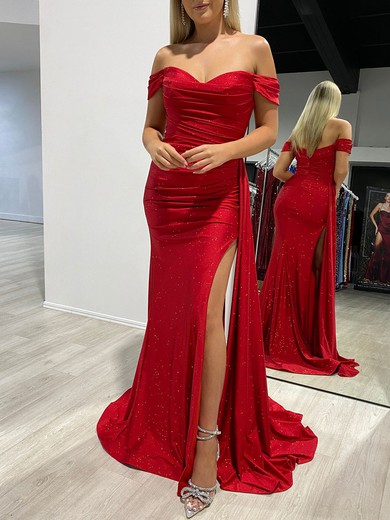 Trumpet/Mermaid Off-the-shoulder Shimmer Crepe Sweep Train Prom Dresses With Ruched #UKM020117833