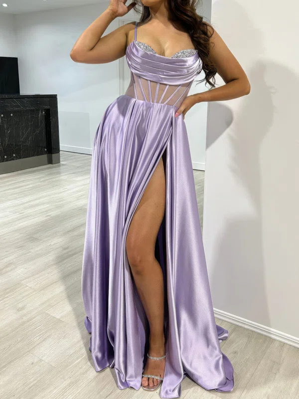 A-line V-neck Satin Corset Prom Dresses With Beading #UKM020117872