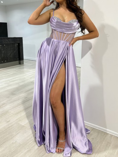A-line V-neck Satin Corset Prom Dresses With Beading #UKM020117872
