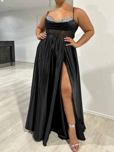 Black A-line V-neck Satin Corset Prom Dresses With Beading #UKM020117873