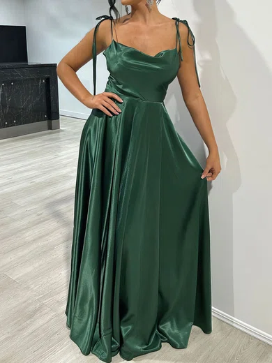 A-line Cowl Neck Silk-like Satin Floor-length Prom Dresses With Split Front #UKM020117874