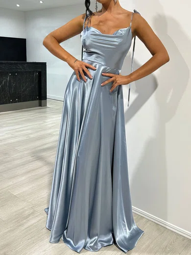 A-line Cowl Neck Floor-length Satin Prom Dresses With Split #UKM020117876